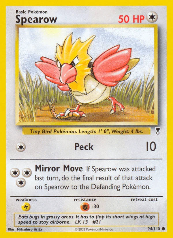 94, Colorless, Common, Fighting[-30], Legendary Collection, Lightning[×2], Normal, Reverse Holofoil Spearow (94/110) [Legendary Collection] - Trading Card World