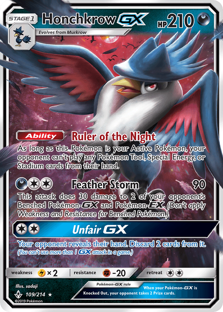 109, Darkness, Fighting[-20], Holofoil, Lightning[×2], Sun & Moon: Unbroken Bonds, Ultra Rare Honchkrow GX (109/214) [Sun & Moon: Unbroken Bonds] - Trading Card World