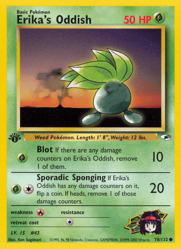 1st Edition Normal, 78, Common, Fire[×2], Grass, Gym Heroes 1st Edition Erika's Oddish (78/132) [Gym Heroes 1st Edition] - Trading Card World