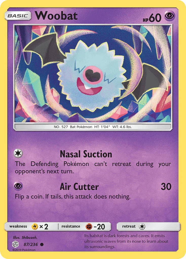 87, Common, Fighting[-20], Lightning[×2], Normal, Psychic, Reverse Holofoil, Sun & Moon: Cosmic Eclipse Woobat (87/236) [Sun & Moon: Cosmic Eclipse] - Trading Card World