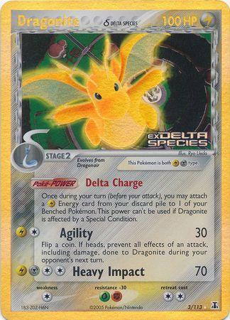 Colorless[×2], EX: Delta Species, Fighting[-30], Grass[-30], Holo Rare, Lightning, Metal, Reverse Holofoil Dragonite (3/113) (Delta Species) (Stamped) [EX: Delta Species] - Trading Card World