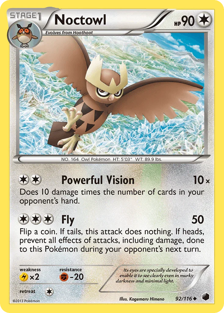 92, Black & White: Plasma Freeze, Colorless, Fighting[-20], Lightning[×2], Normal, Reverse Holofoil, Uncommon Noctowl (92/116) [Black & White: Plasma Freeze] - Trading Card World