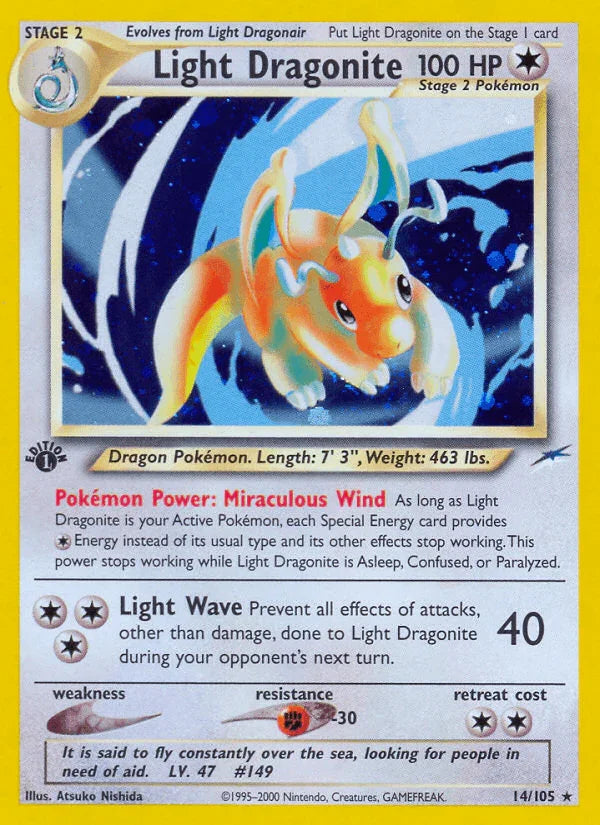 14, 1st Edition Holofoil, Colorless, Fighting[-30], Holo Rare, Neo Destiny 1st Edition Light Dragonite (14/105) [Neo Destiny 1st Edition] - Trading Card World