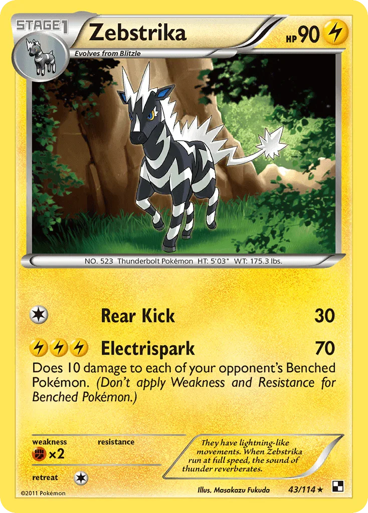43, Black & White: Base Set, Fighting[×2], Lightning, Normal, Rare, Reverse Holofoil Zebstrika (43/114) [Black & White: Base Set] - Trading Card World