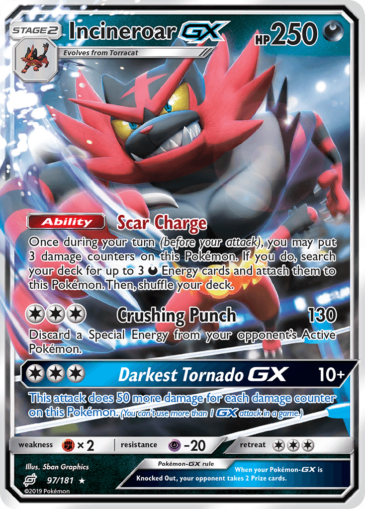 97, Darkness, Fighting[×2], Holofoil, Psychic[-20], Sun & Moon: Team Up, Ultra Rare Incineroar GX (97/181) [Sun & Moon: Team Up] - Trading Card World