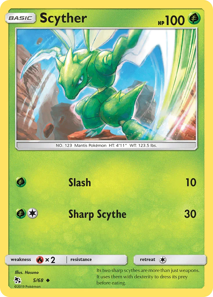 Fire[×2], Grass, Normal, Reverse Holofoil, Sun & Moon: Hidden Fates, Uncommon Scyther (5/68) [Sun & Moon: Hidden Fates] - Trading Card World