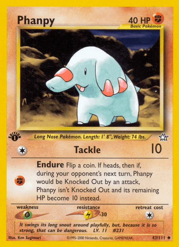1st Edition Normal, 43, Fighting, Grass[×2], Lightning[-30], Neo Genesis 1st Edition, Uncommon Phanpy (43/111) [Neo Genesis 1st Edition] - Trading Card World