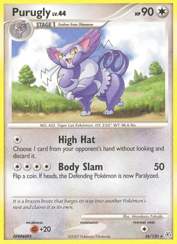 36, Colorless, Diamond & Pearl: Base Set, Fighting[+20], Normal, Rare, Reverse Holofoil Purugly (36/130) [Diamond & Pearl: Base Set] - Trading Card World