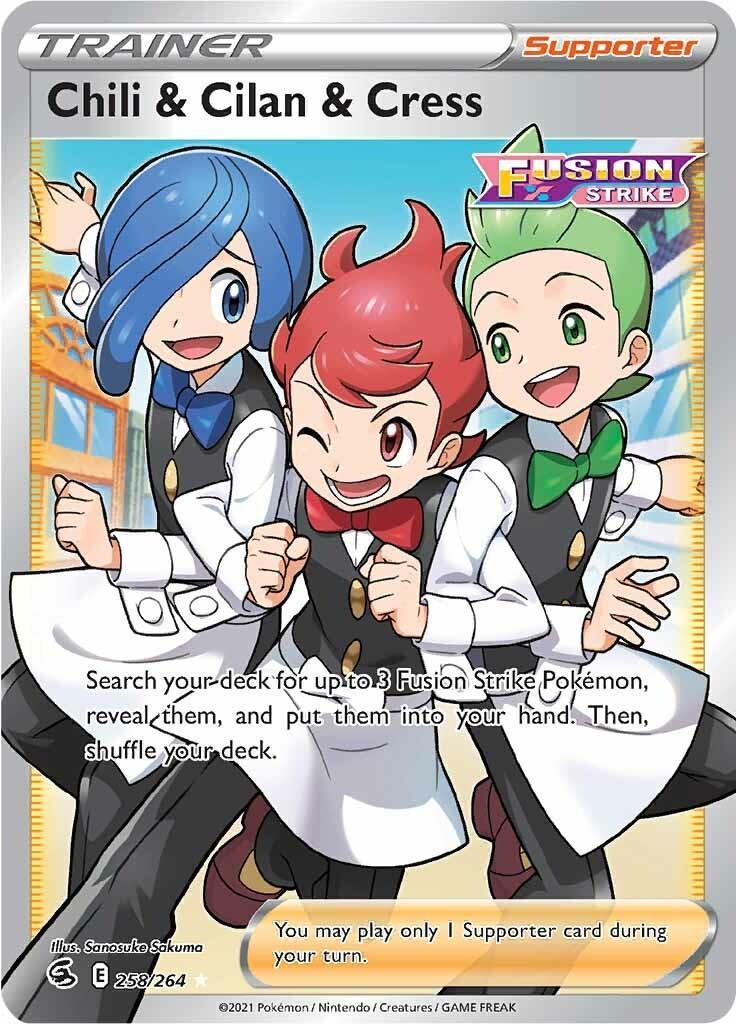 258, Holofoil, Supporter, Sword & Shield: Fusion Strike, Ultra Rare Chili & Cilan & Cress (258/264) [Sword & Shield: Fusion Strike] - Trading Card World