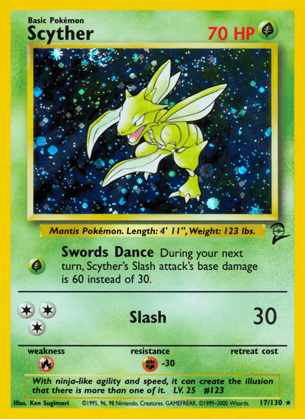 17, Base Set 2, Fighting[-30], Fire[×2], Grass, Holo Rare, Holofoil Scyther (17/130) [Base Set 2] - Trading Card World