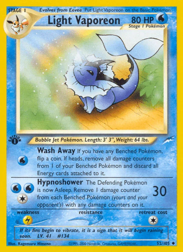 1st Edition Normal, 52, Lightning[×2], Neo Destiny 1st Edition, Uncommon, Water Light Vaporeon (52/105) [Neo Destiny 1st Edition] - Trading Card World