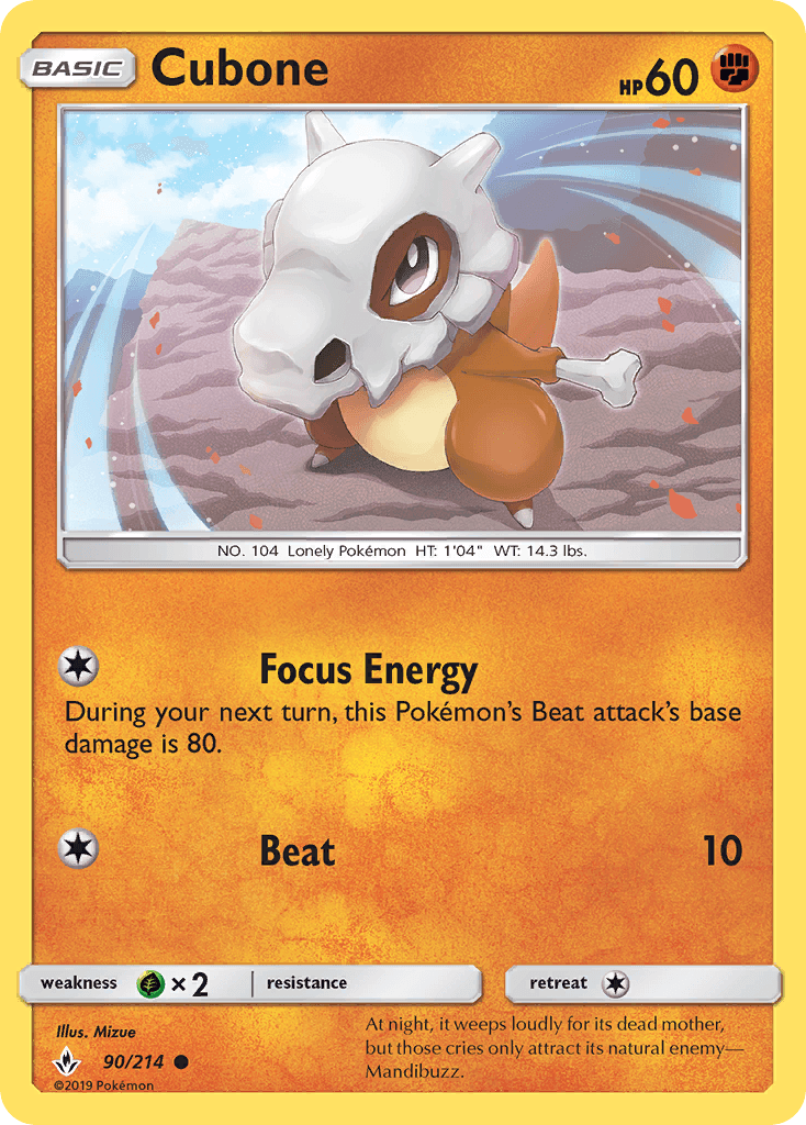 90, Common, Fighting, Grass[×2], Normal, Reverse Holofoil, Sun & Moon: Unbroken Bonds Cubone (90/214) [Sun & Moon: Unbroken Bonds] - Trading Card World