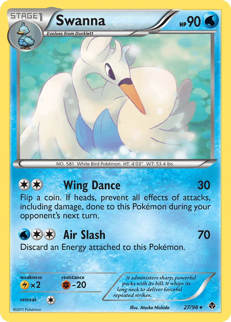 27, Black & White: Emerging Powers, Fighting[-20], Lightning[×2], Normal, Rare, Reverse Holofoil, Water Swanna (27/98) [Black & White: Emerging Powers] - Trading Card World