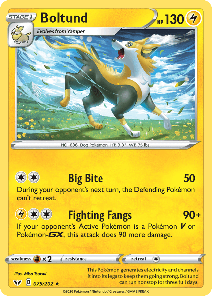 075, Fighting[×2], Holo Rare, Holofoil, Lightning, Reverse Holofoil, Sword & Shield: Base Set Boltund (075/202) [Sword & Shield: Base Set] - Trading Card World