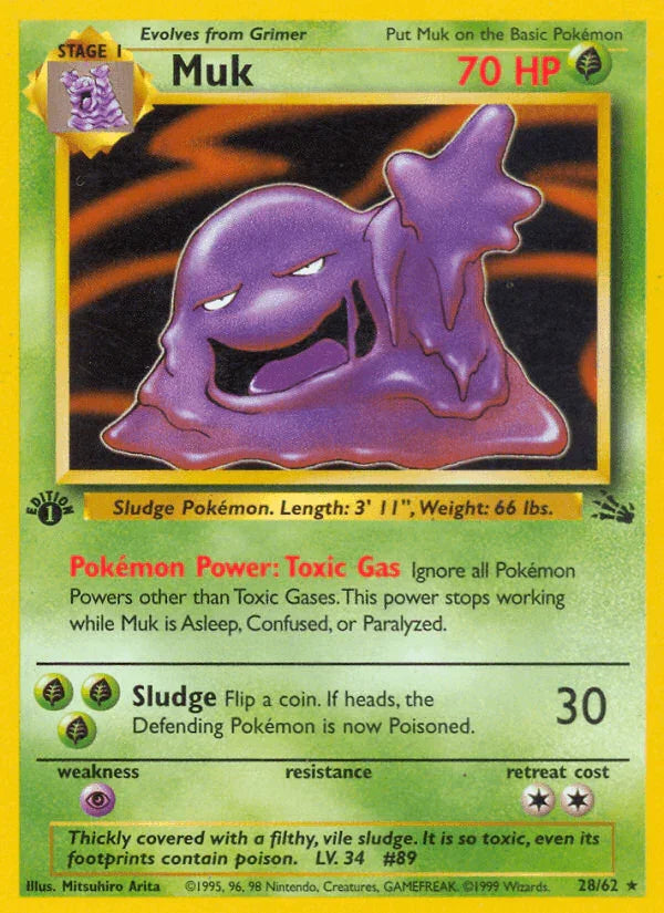 1st Edition Normal, 28, Fossil 1st Edition, Grass, Psychic[×2], Rare Muk (28/62) [Fossil 1st Edition] - Trading Card World