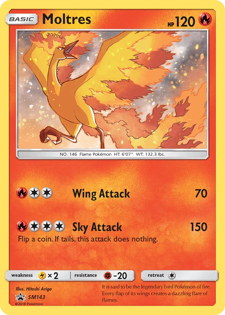 Black Star Promo, Fighting[-20], Fire, Holofoil, Lightning[×2], SM143, Sun & Moon: Black Star Promos Moltres (SM143) [Sun & Moon: Black Star Promos] - Trading Card World