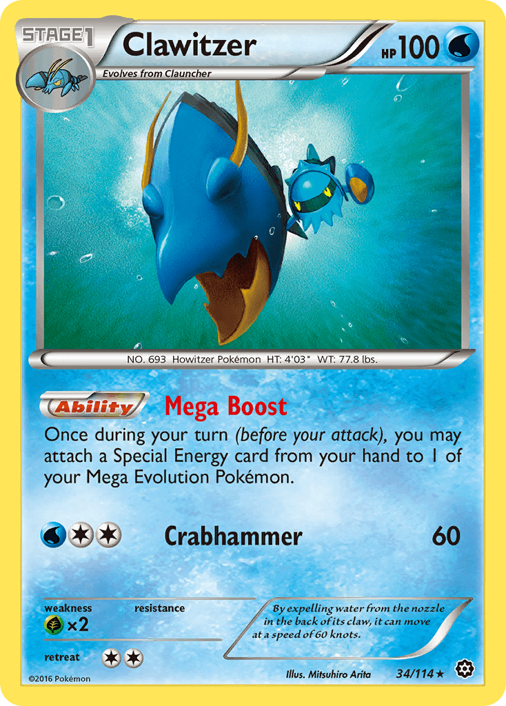 34, Grass[×2], Normal, Rare, Reverse Holofoil, Water, XY: Steam Siege Clawitzer (34/114) [XY: Steam Siege] - Trading Card World