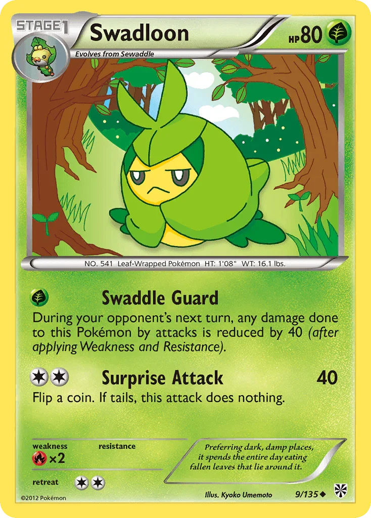 Black & White: Plasma Storm, Fire[×2], Grass, Normal, Reverse Holofoil, Uncommon Swadloon (9/135) [Black & White: Plasma Storm] - Trading Card World