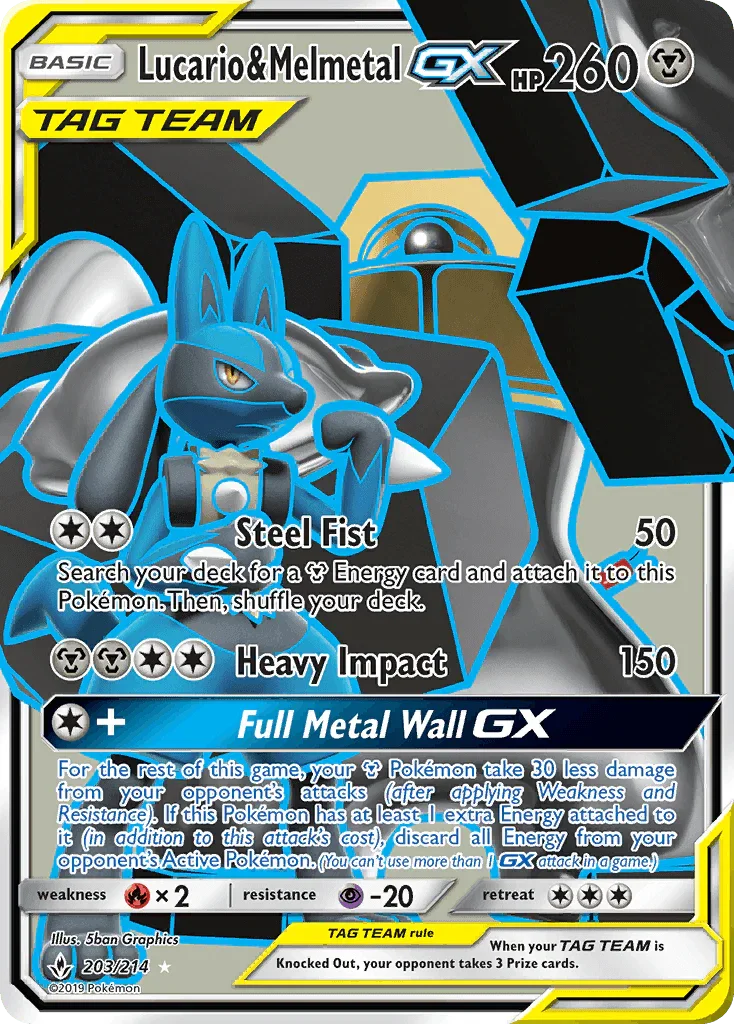 203, Fire[×2], Holofoil, Metal, Psychic[-20], Sun & Moon: Unbroken Bonds, Ultra Rare Lucario & Melmetal GX (203/214) [Sun & Moon: Unbroken Bonds] - Trading Card World