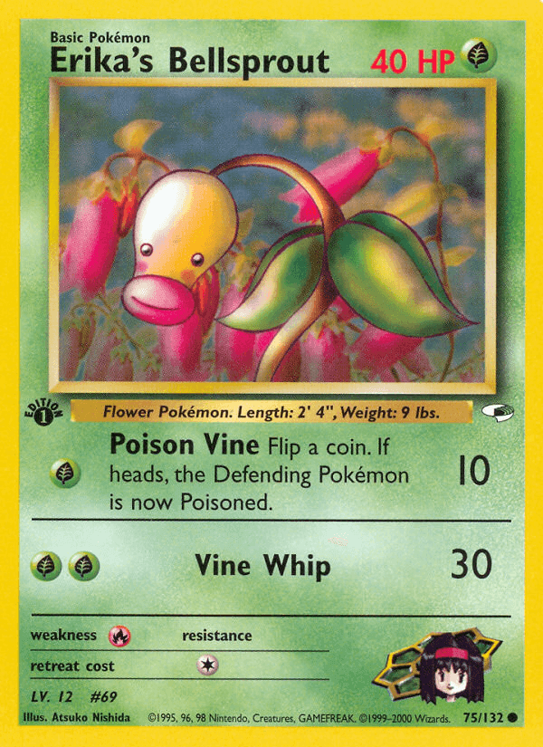 1st Edition Normal, 75, Common, Fire[×2], Grass, Gym Heroes 1st Edition Erika's Bellsprout (75/132) [Gym Heroes 1st Edition] - Trading Card World