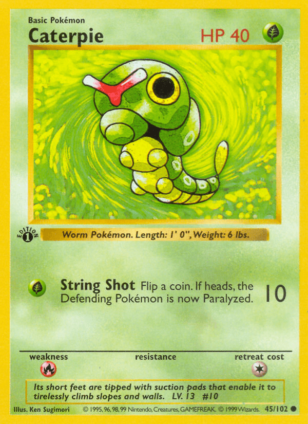 1st Edition Normal, 45, Base Set 1st Edition, Common, Fire[×2], Grass Caterpie (45/102) (Shadowless) [Base Set 1st Edition] - Trading Card World