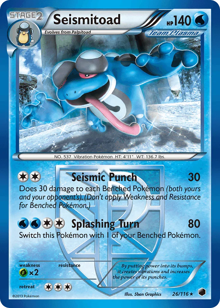 26, Black & White: Plasma Freeze, Grass[×2], Normal, Rare, Reverse Holofoil, Water Seismitoad (26/116) [Black & White: Plasma Freeze] - Trading Card World