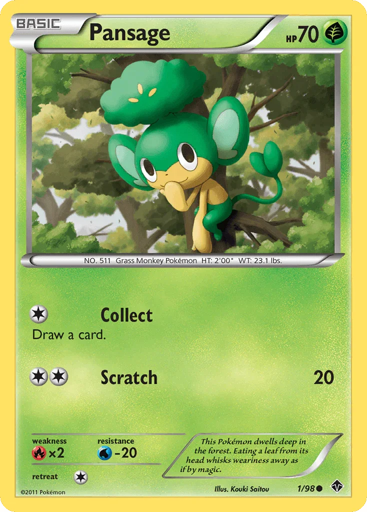 Black & White: Emerging Powers, Common, Fire[×2], Grass, Normal, Reverse Holofoil, Water[-20] Pansage (1/98) [Black & White: Emerging Powers] - Trading Card World