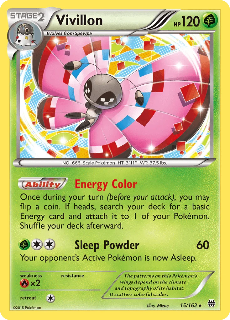15, Fire[×2], Grass, Holo Rare, Holofoil, Reverse Holofoil, XY: BREAKthrough Vivillon (15/162) [XY: BREAKthrough] - Trading Card World