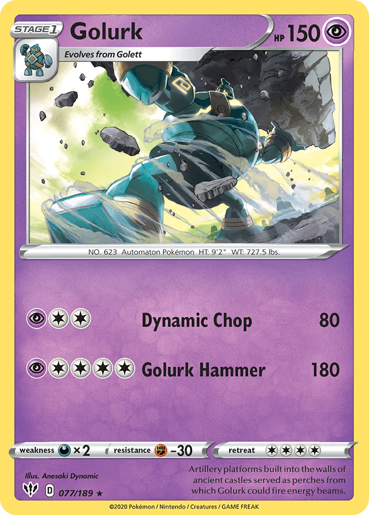 077, Darkness[×2], Fighting[-30], Normal, Psychic, Rare, Reverse Holofoil, Sword & Shield: Darkness Ablaze Golurk (077/189) [Sword & Shield: Darkness Ablaze] - Trading Card World