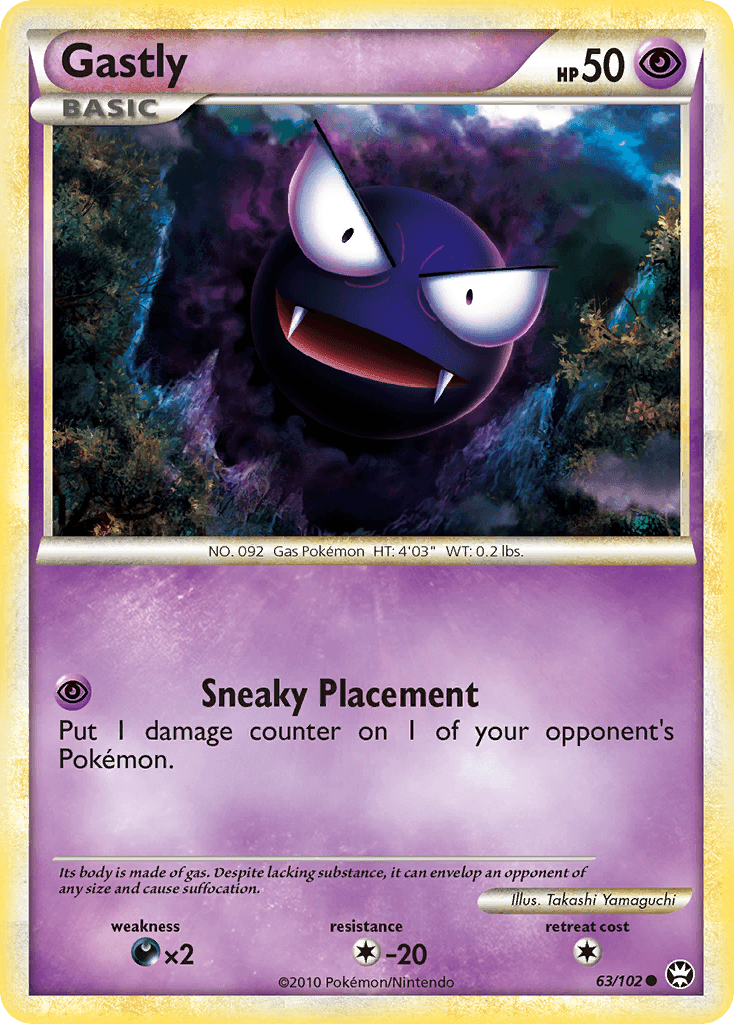 63, Colorless[-20], Common, Darkness[×2], HeartGold & SoulSilver: Triumphant, Normal, Psychic, Reverse Holofoil Gastly (63/102) [HeartGold & SoulSilver: Triumphant] - Trading Card World