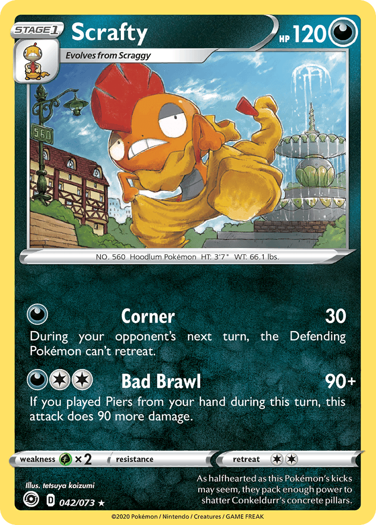 042, Darkness, Grass[×2], Holo Rare, Holofoil, Reverse Holofoil, Sword & Shield: Champion's Path Scrafty (042/073) [Sword & Shield: Champion's Path] - Trading Card World