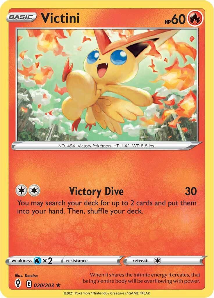 020, Fire, Holo Rare, Holofoil, Reverse Holofoil, Sword & Shield: Evolving Skies, Water [x2] Victini (020/203) [Sword & Shield: Evolving Skies] - Trading Card World