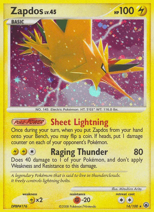 14, Diamond & Pearl: Majestic Dawn, Fighting[-20], Holo Rare, Holofoil, Lightning, Lightning[×2], Reverse Holofoil Zapdos (14/100) [Diamond & Pearl: Majestic Dawn] - Trading Card World