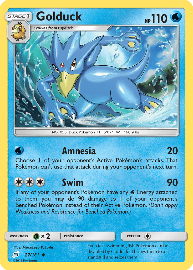 27, Grass[×2], Normal, Reverse Holofoil, Sun & Moon: Team Up, Uncommon, Water Golduck (27/181) [Sun & Moon: Team Up] - Trading Card World