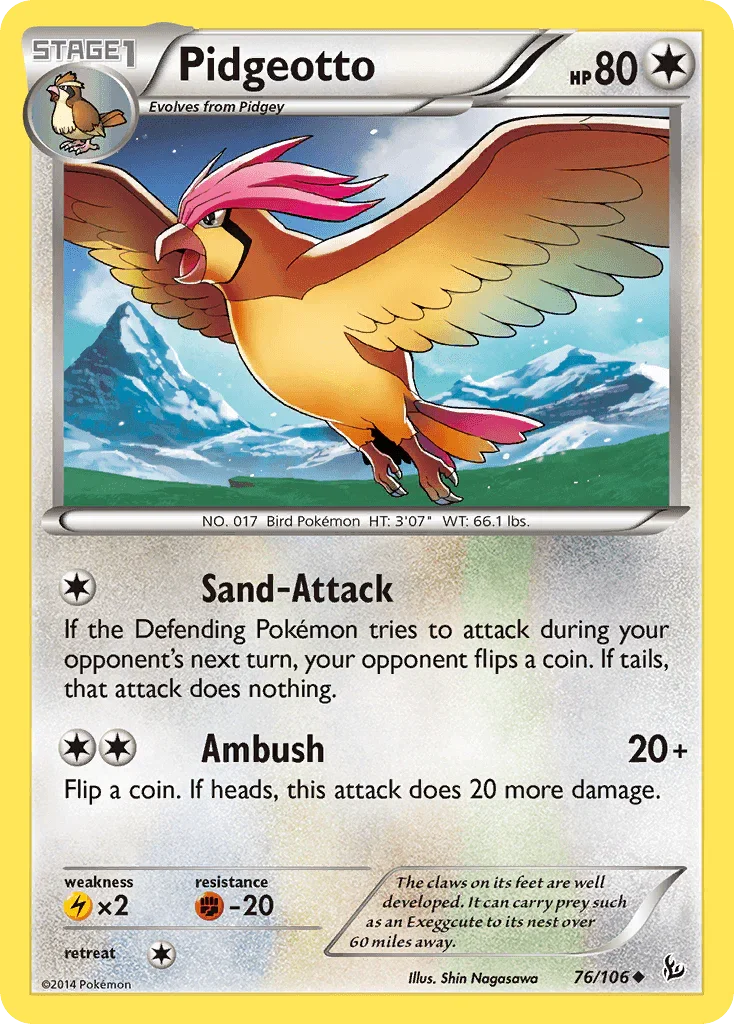76, Colorless, Fighting[-20], Lightning[×2], Normal, Reverse Holofoil, Uncommon, XY: Flashfire Pidgeotto (76/106) [XY: Flashfire] - Trading Card World