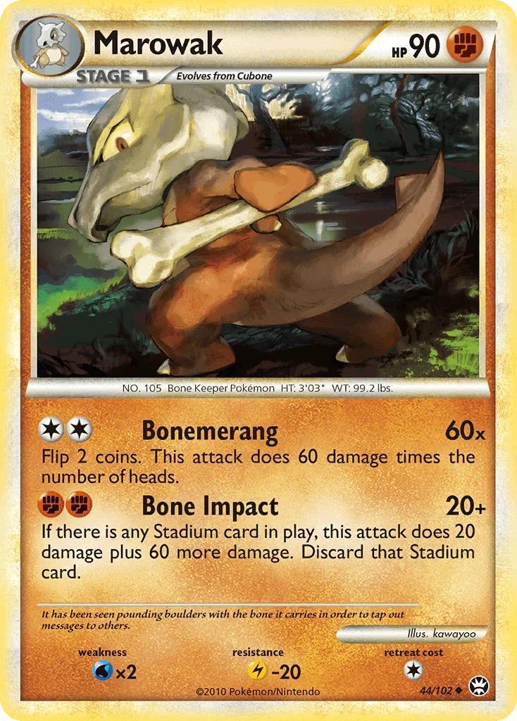 44, Fighting, HeartGold & SoulSilver: Triumphant, Lightning[-20], Normal, Reverse Holofoil, Uncommon, Water[×2] Marowak (44/102) [HeartGold & SoulSilver: Triumphant] - Trading Card World