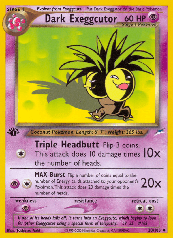 1st Edition Normal, 33, Neo Destiny 1st Edition, Psychic, Psychic[×2], Uncommon Dark Exeggutor (33/105) [Neo Destiny 1st Edition] - Trading Card World