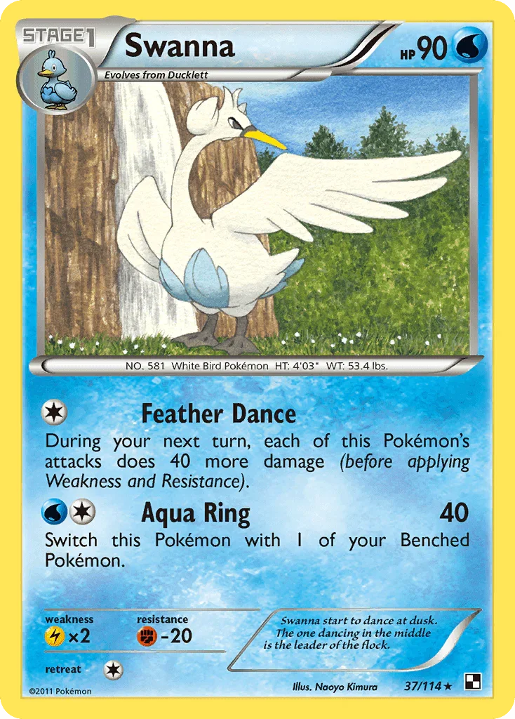 37, Black & White: Base Set, Fighting[-20], Lightning[×2], Normal, Rare, Reverse Holofoil, Water Swanna (37/114) [Black & White: Base Set] - Trading Card World