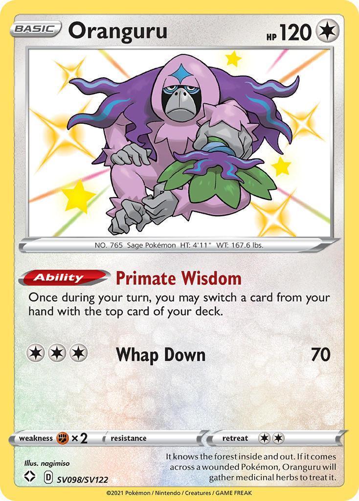 Colorless, Fighting[×2], Holofoil, SV098, Sword & Shield: Shining Fates, Ultra Rare Oranguru (SV098/SV122) [Sword & Shield: Shining Fates] - Trading Card World