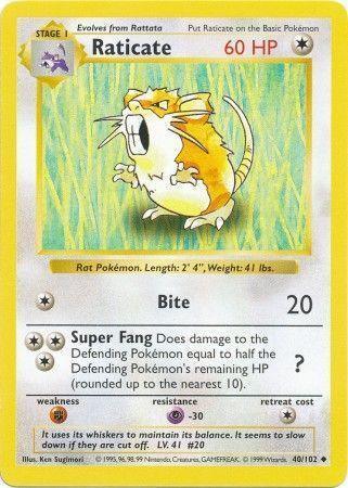40, Base Set Shadowless Unlimited, Colorless, Fighting[×2], Normal, Psychic[-30], Uncommon Raticate (40/102) [Base Set Shadowless Unlimited] - Trading Card World