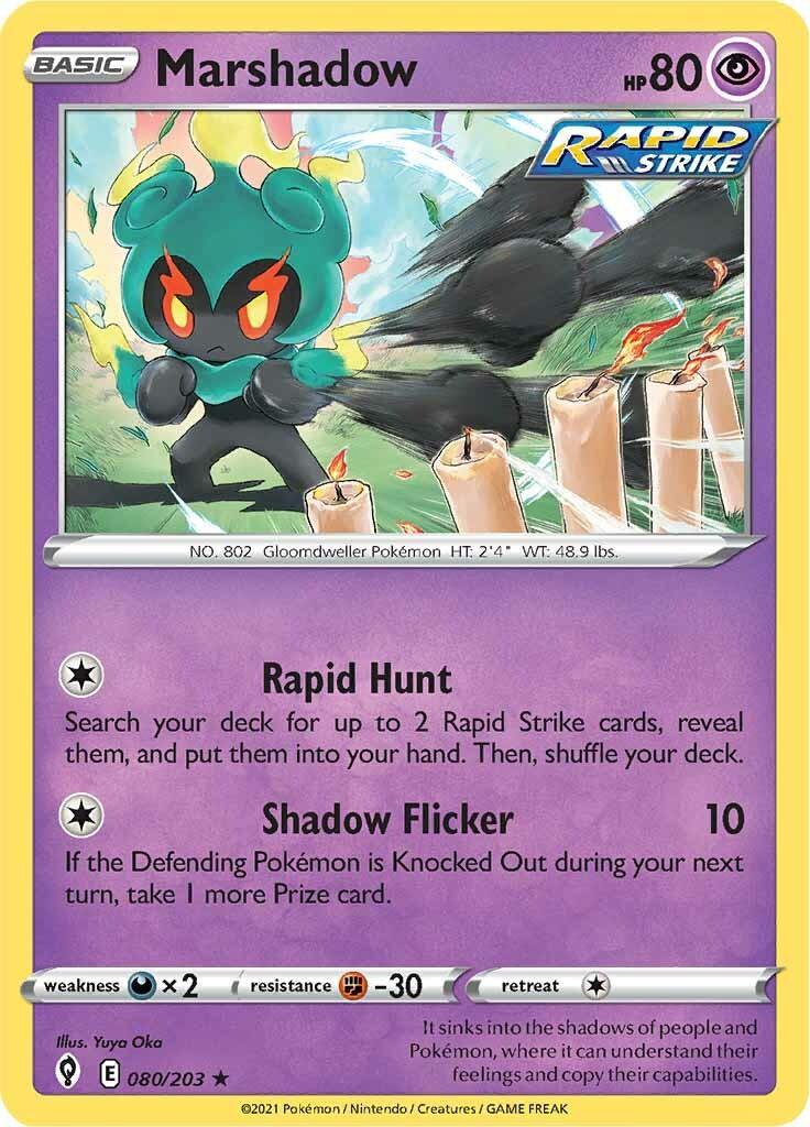 080, Darkness [x2], Fighting [-30], Holo Rare, Holofoil, Psychic, Reverse Holofoil, Sword & Shield: Evolving Skies Marshadow (080/203) [Sword & Shield: Evolving Skies] - Trading Card World