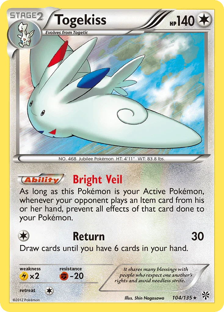 Black & White: Plasma Storm, Colorless, Fighting[-20], Holo Rare, Holofoil, Lightning[×2], Reverse Holofoil Togekiss (104/135) [Black & White: Plasma Storm] - Trading Card World