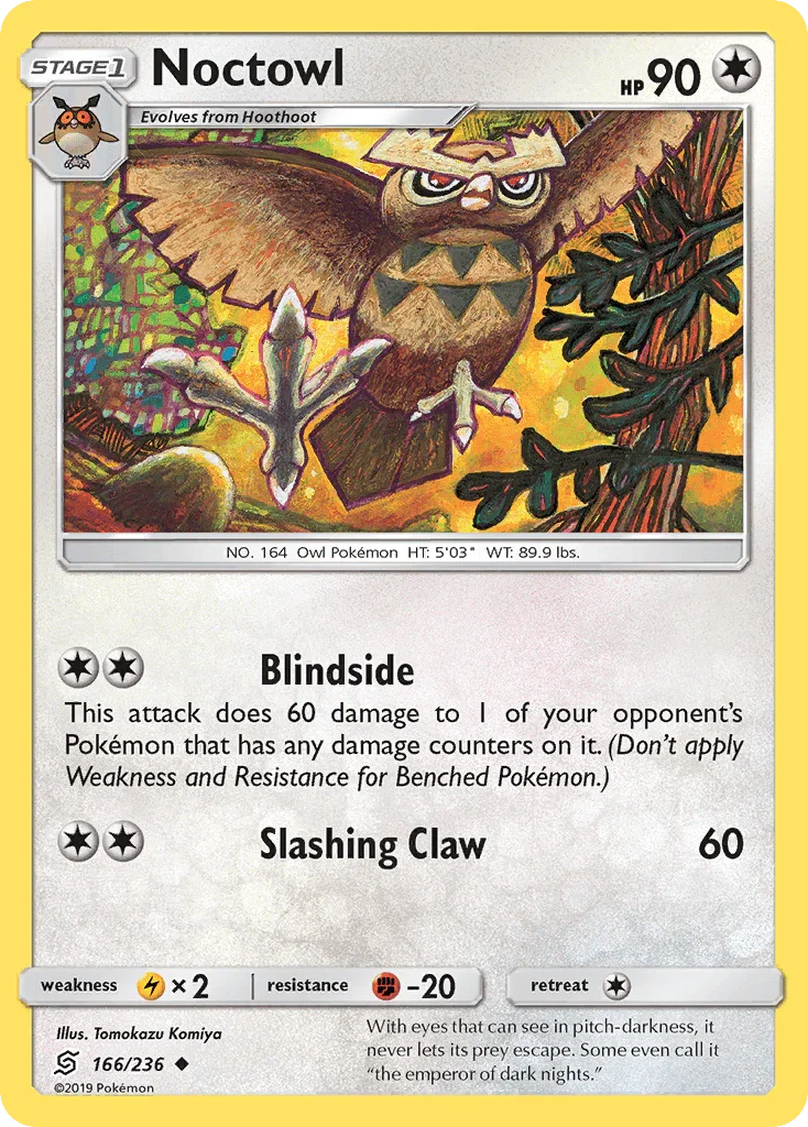 166, Colorless, Fighting[-20], Lightning[×2], Normal, Reverse Holofoil, Sun & Moon: Unified Minds, Uncommon Noctowl (166/236) [Sun & Moon: Unified Minds] - Trading Card World