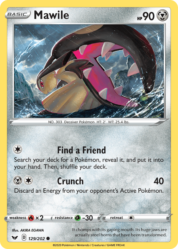 129, Common, Fire[×2], Grass[-30], Metal, Normal, Reverse Holofoil, Sword & Shield: Base Set Mawile (129/202) [Sword & Shield: Base Set] - Trading Card World