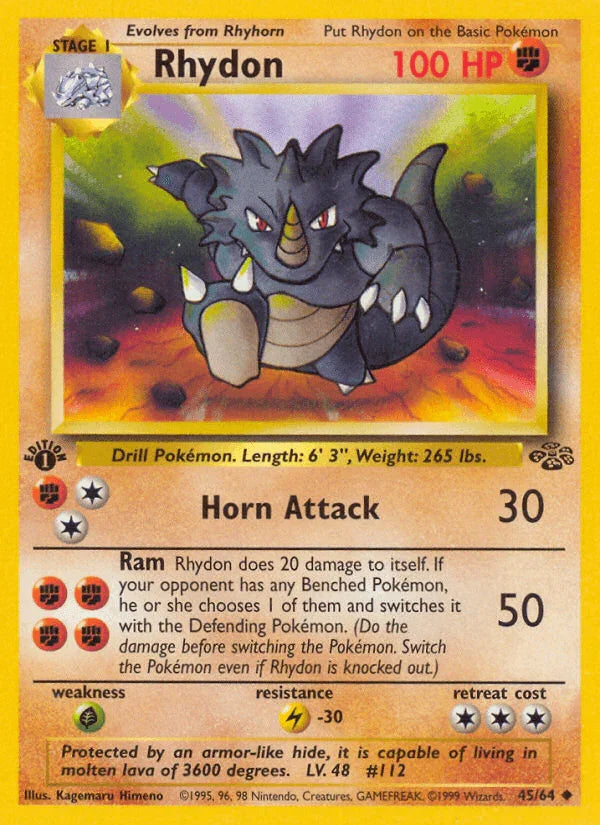 1st Edition Normal, 45, Fighting, Grass[×2], Jungle 1st Edition, Lightning[-30], Uncommon Rhydon (45/64) [Jungle 1st Edition] - Trading Card World