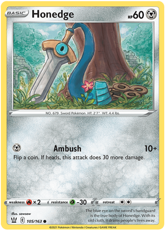 105, Common, Fire[x2], Grass[-30], Metal, Normal, Reverse Holofoil, Sword & Shield: Battle Styles Honedge (105/163) [Sword & Shield: Battle Styles] - Trading Card World