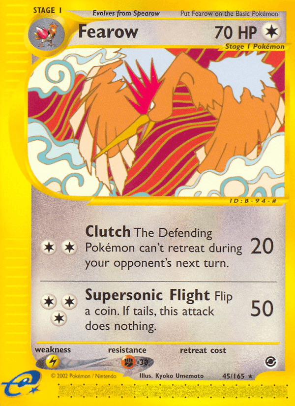 45, Colorless, Expedition: Base Set, Fighting[-30], Lightning[×2], Normal, Rare, Reverse Holofoil Fearow (45/165) [Expedition: Base Set] - Trading Card World
