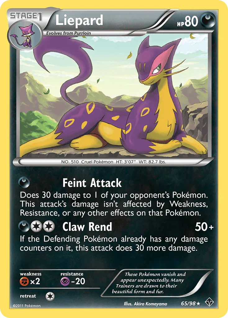 65, Black & White: Emerging Powers, Darkness, Fighting[×2], Normal, Psychic[-20], Rare, Reverse Holofoil Liepard (65/98) [Black & White: Emerging Powers] - Trading Card World