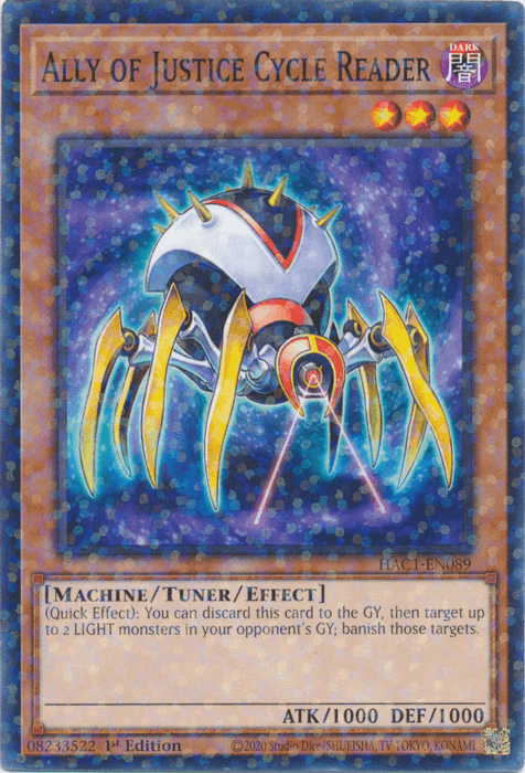1st Edition, Common, Dark, Hidden Arsenal: Chapter 1, Machine, Tuner/Effect Monster Ally of Justice Cycle Reader (Duel Terminal) [HAC1-EN089] Common - Trading Card World