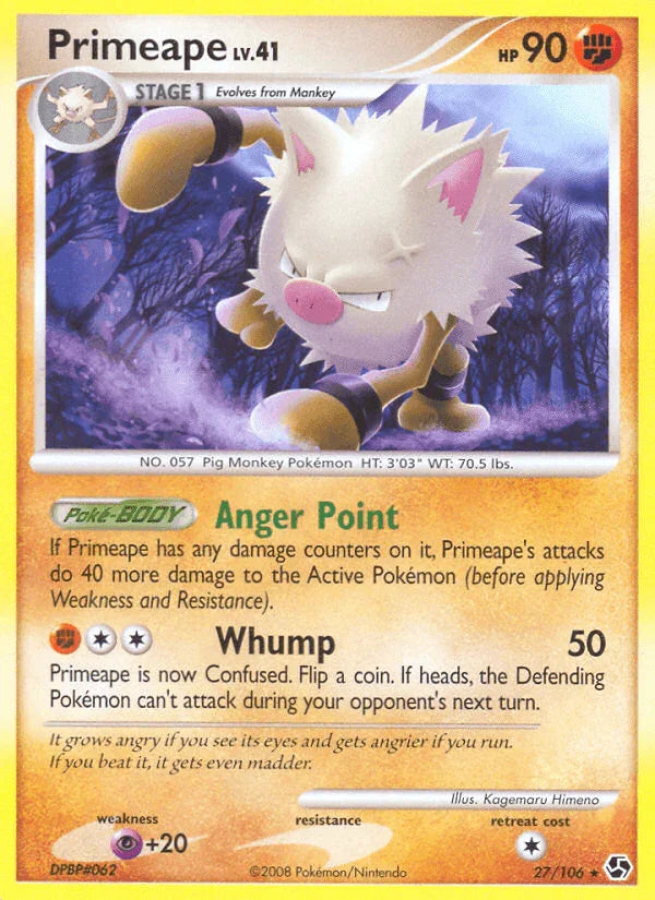 27, Diamond & Pearl: Great Encounters, Fighting, Normal, Psychic[+20], Rare, Reverse Holofoil Primeape (27/106) [Diamond & Pearl: Great Encounters] - Trading Card World